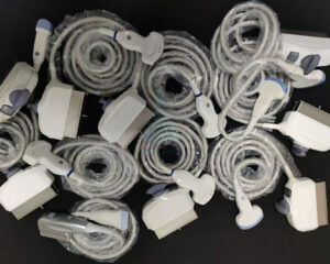 Collection of GE ultrasound probes and cables