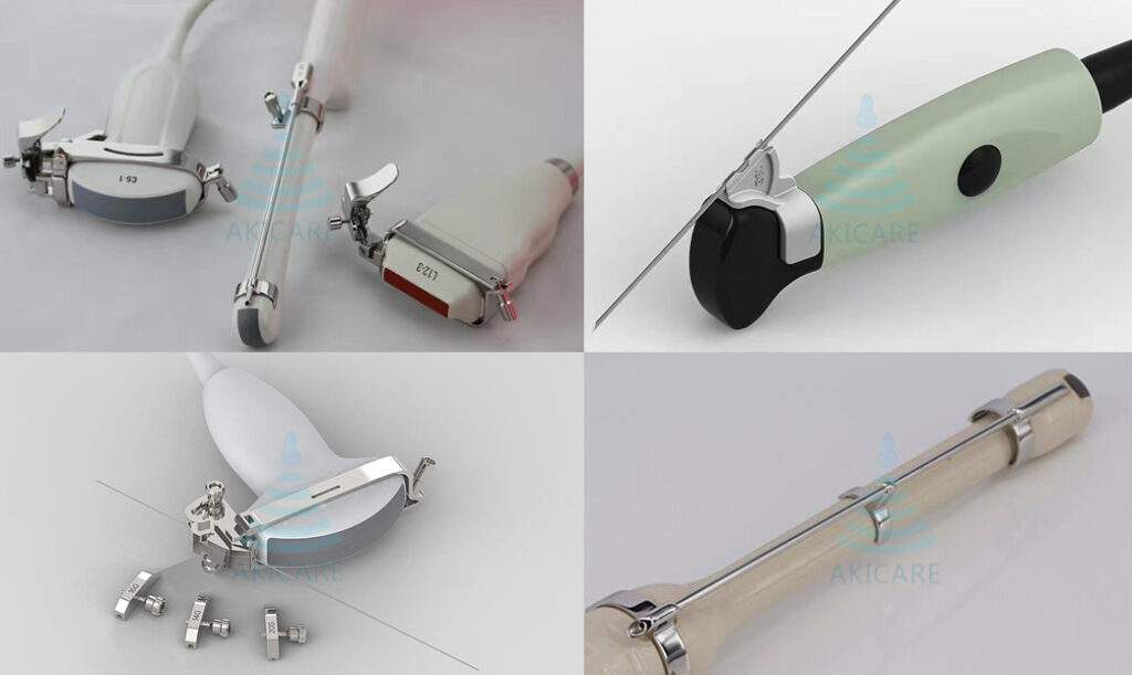 Examples of ultrasound probe biopsy guide attachments