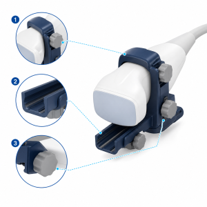 Representative ultrasound biopsy guide compatibility illustration Representative ultrasound biopsy needle guide compatibility illustration showing bracket fit, guide channel and attachment points